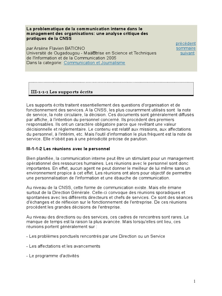 La Problematique de La Communication Interne Dans Le Management Des ...