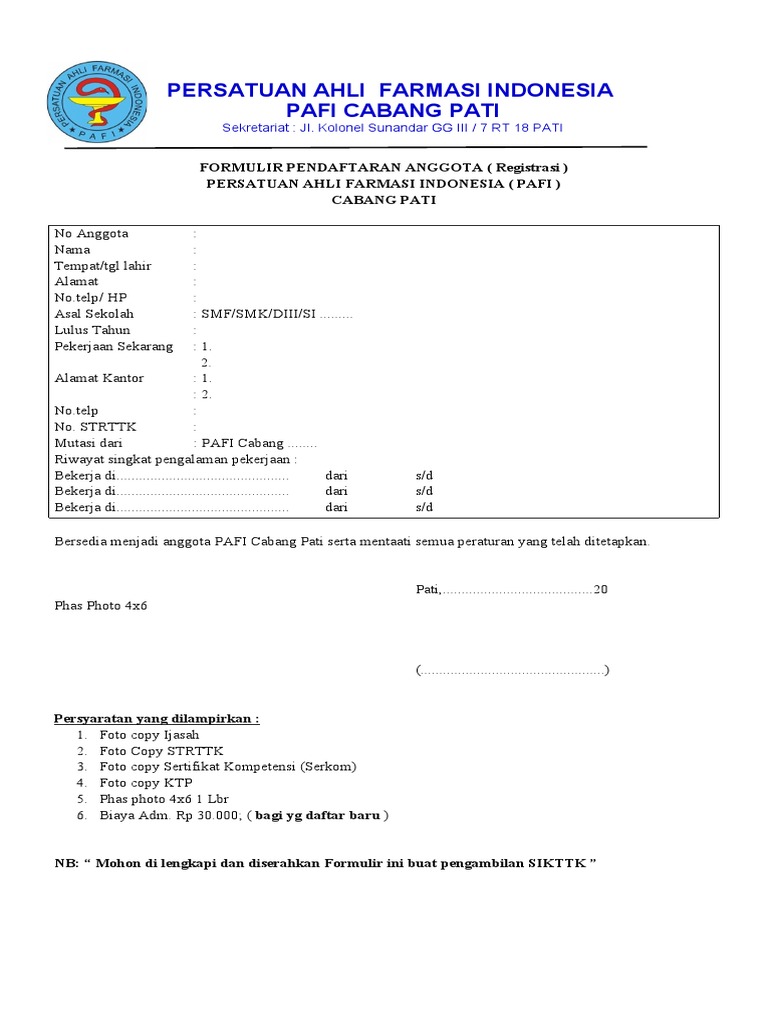 Formulir Pendaftaran Anggota PAFI | PDF