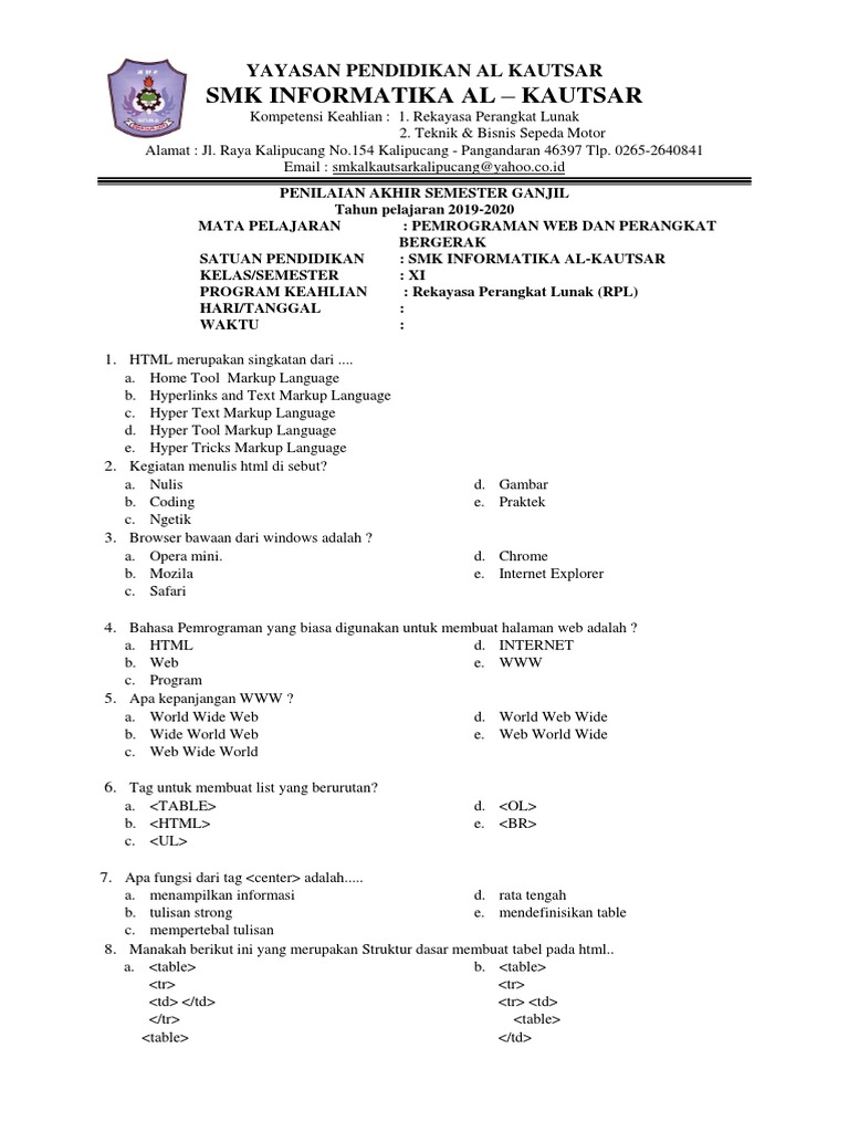 Soal Pemrograman Web Dan Perangkat Bergerak Kelas Xi Guru Galeri