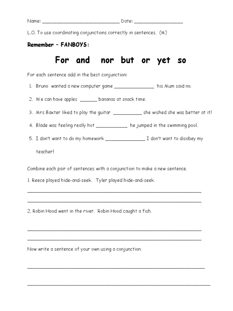 FANBOYS Conjunctions Worksheet | PDF