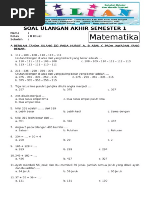 Soal Uas Matematika Kelas 2 Sd Semester 1 Ganjil Dan Kunci Jawaban Pdf