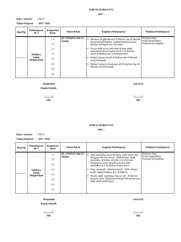 Jurnal Pembelajaran PAI Kelas VI SD | PDF