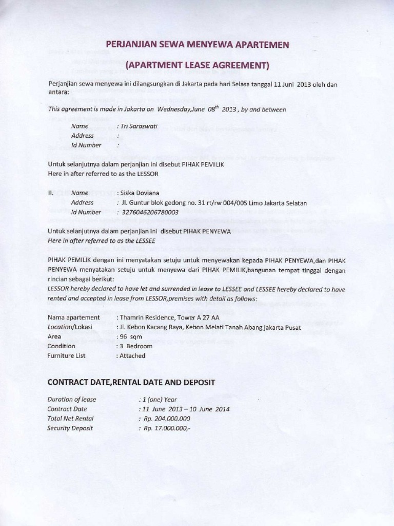 Perjanjian Sewa Menyewa Apartemen | PDF