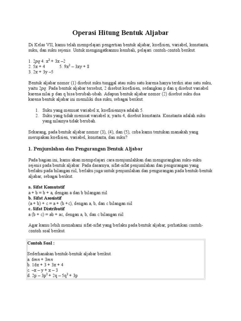 Contoh Soal Aljabar Penjumlahan Dan Pengurangan Soal Kelasmu