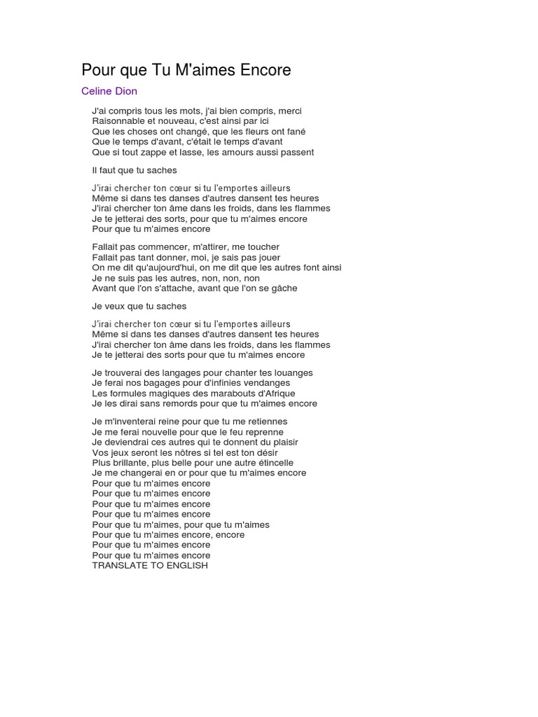 Pour Que Tu M Aimes Encore