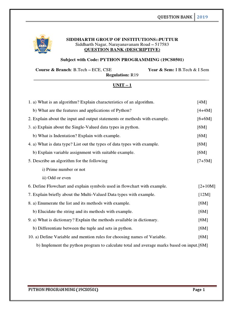 Python Question Bank (Descriptive) R19 PDF | PDF | Subroutine ...