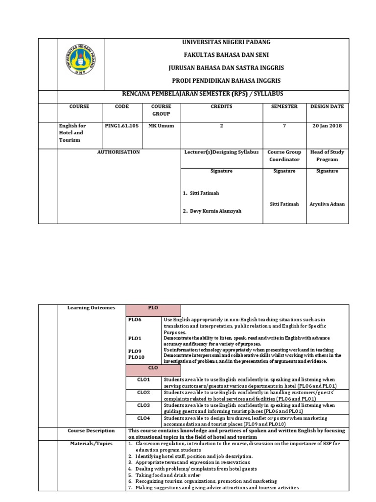 RPS for English in Hotel Industry | PDF | Conversation | Dialogue