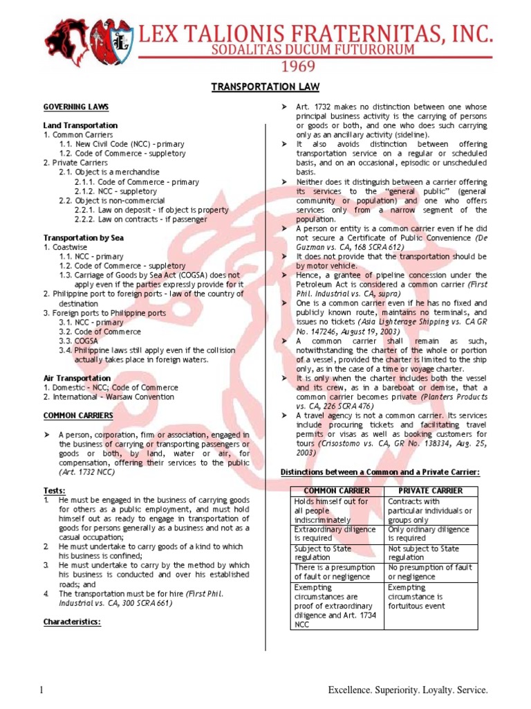 Transportation Laws Notes PDF Common Carrier Admiralty Law