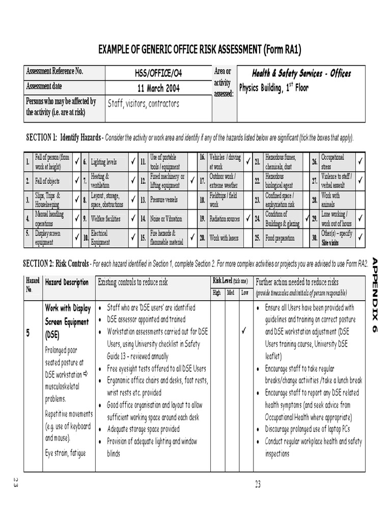 Generic Office Risk Assessment Example | PDF | Occupational Safety And ...