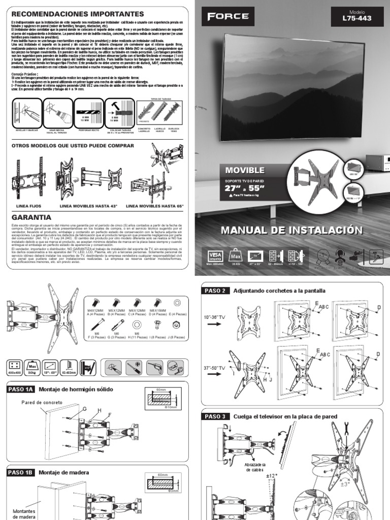 Manual de Instrucciones Soporte TV | PDF | Tornillo | Perforar