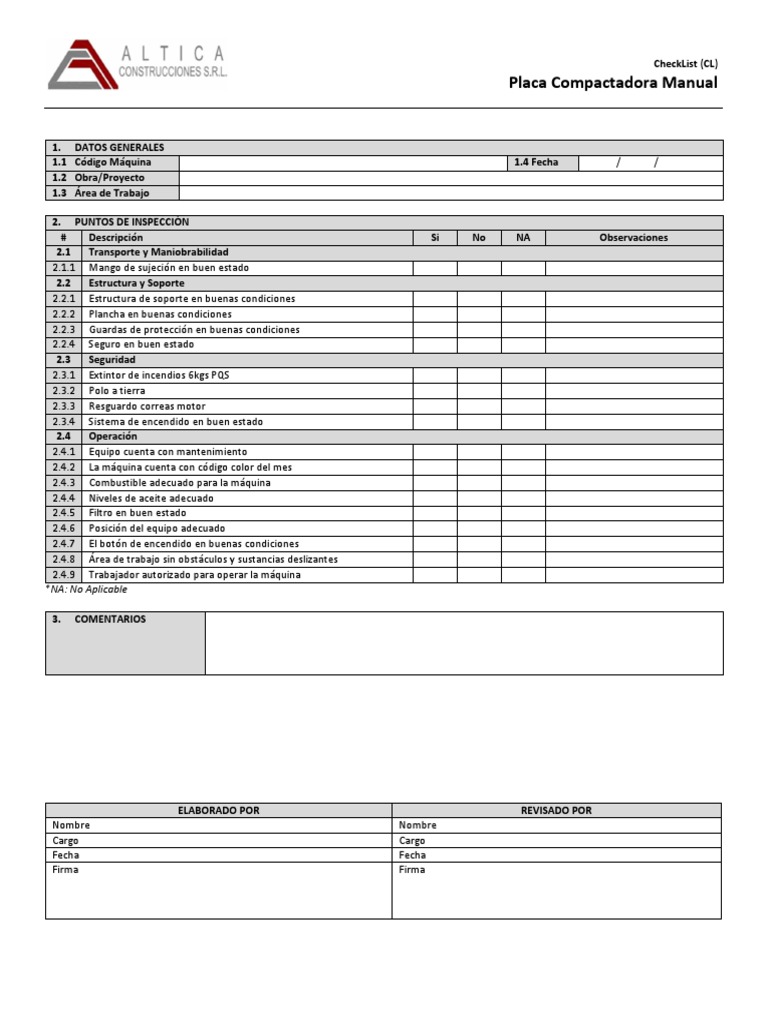 Check List Placa Compactadora Manual | PDF