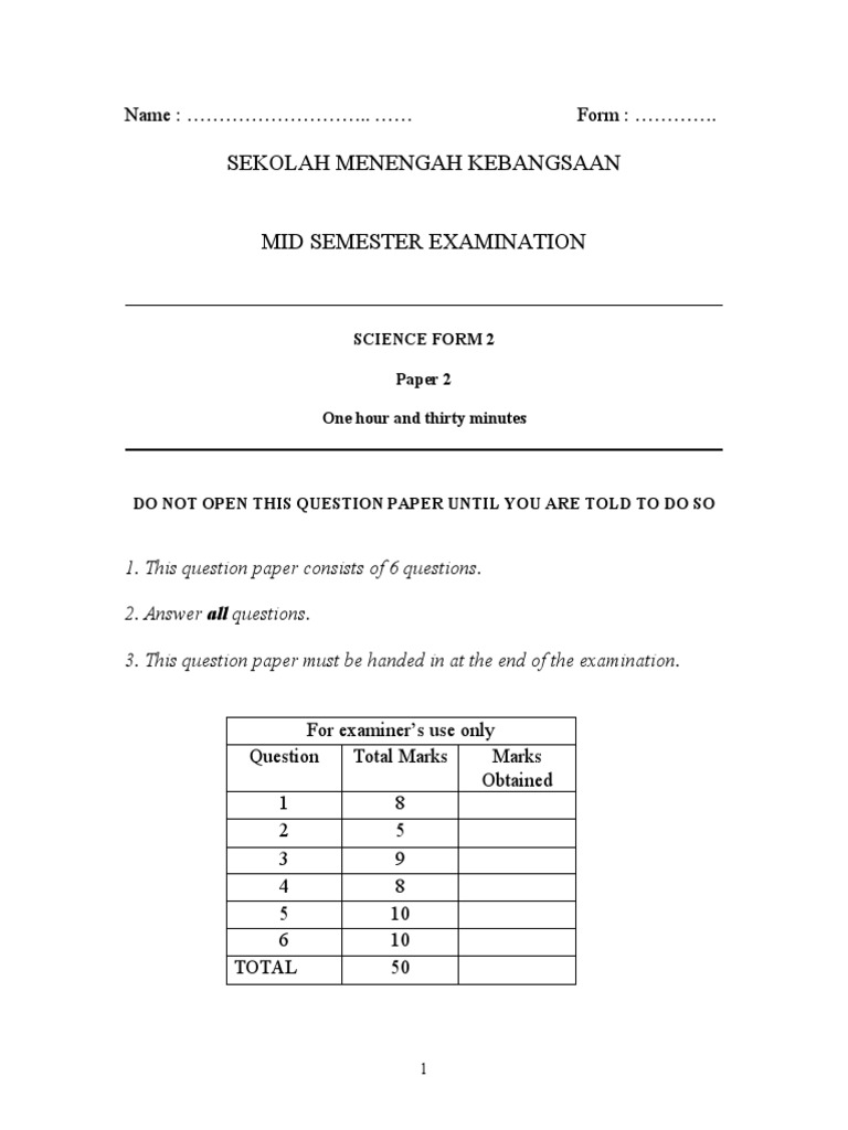 Science Form 2 Exam Paper