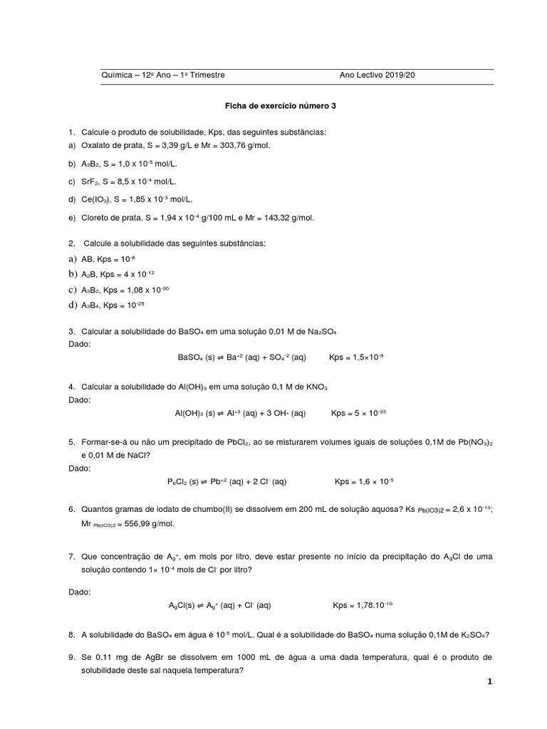 Ficha-Exercicio 3 Solubilidade | PDF | Solubilidade | Solução