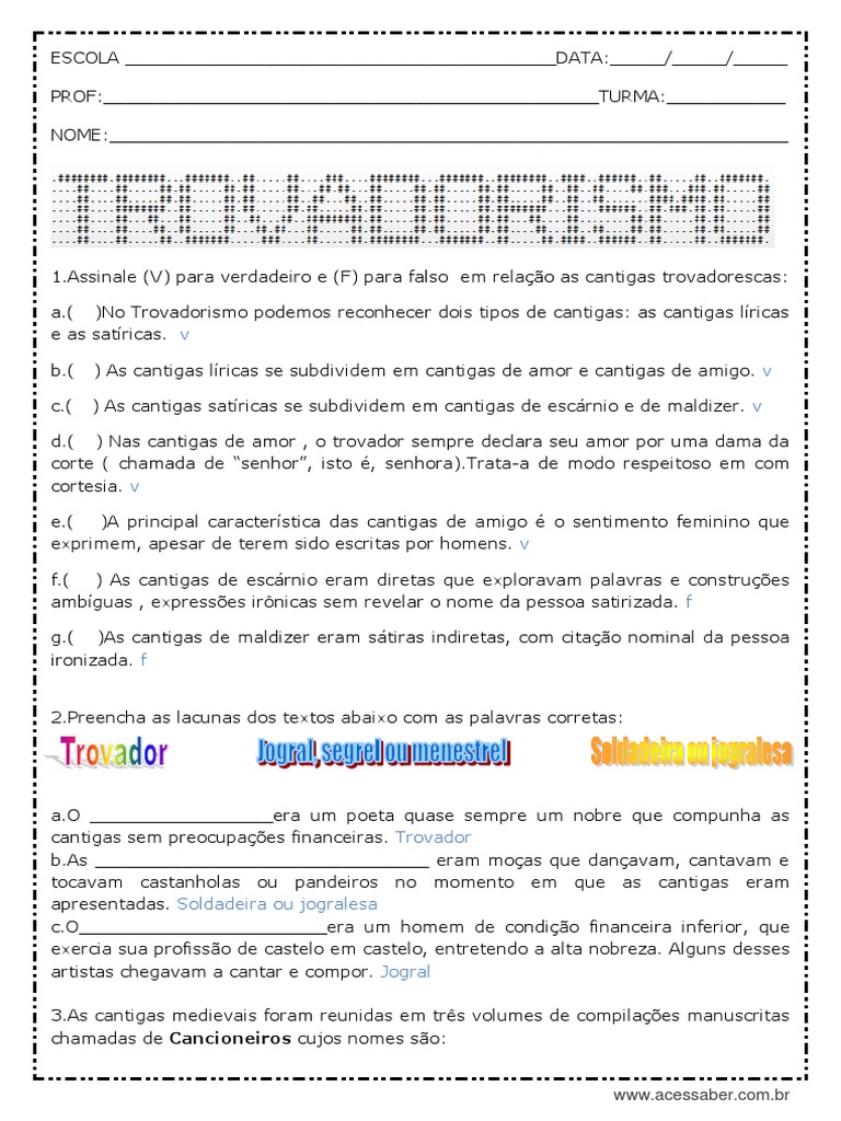 Atividades sobre Trovadorismo com Gabarito | PDF