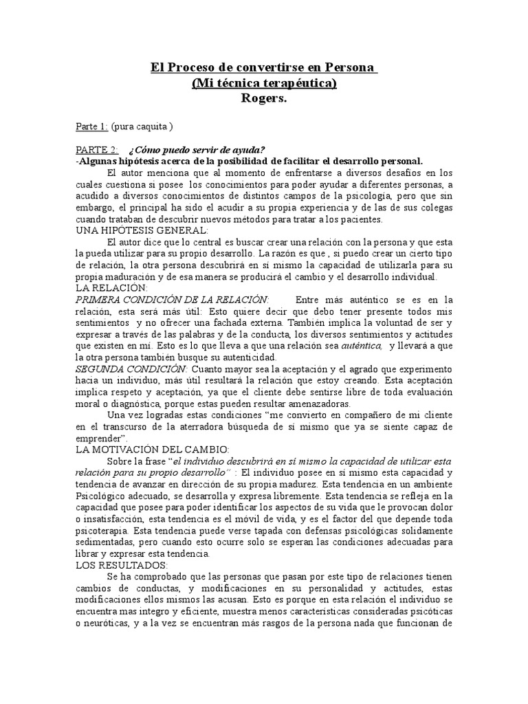 Resumen. El Proceso de Convertirse en Persona, Rogers PDF Experiencia Psicoterapia