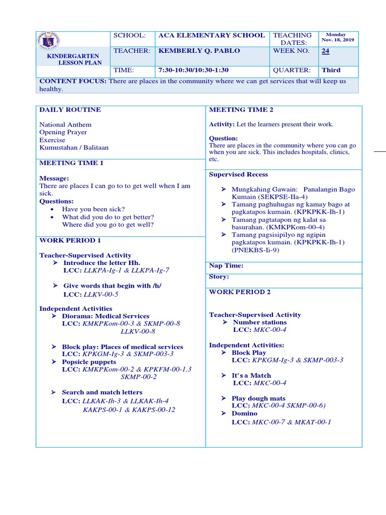 DlpKindergarten W24 Day 2My Cot PDF Differentiated Instruction Lesson Plan