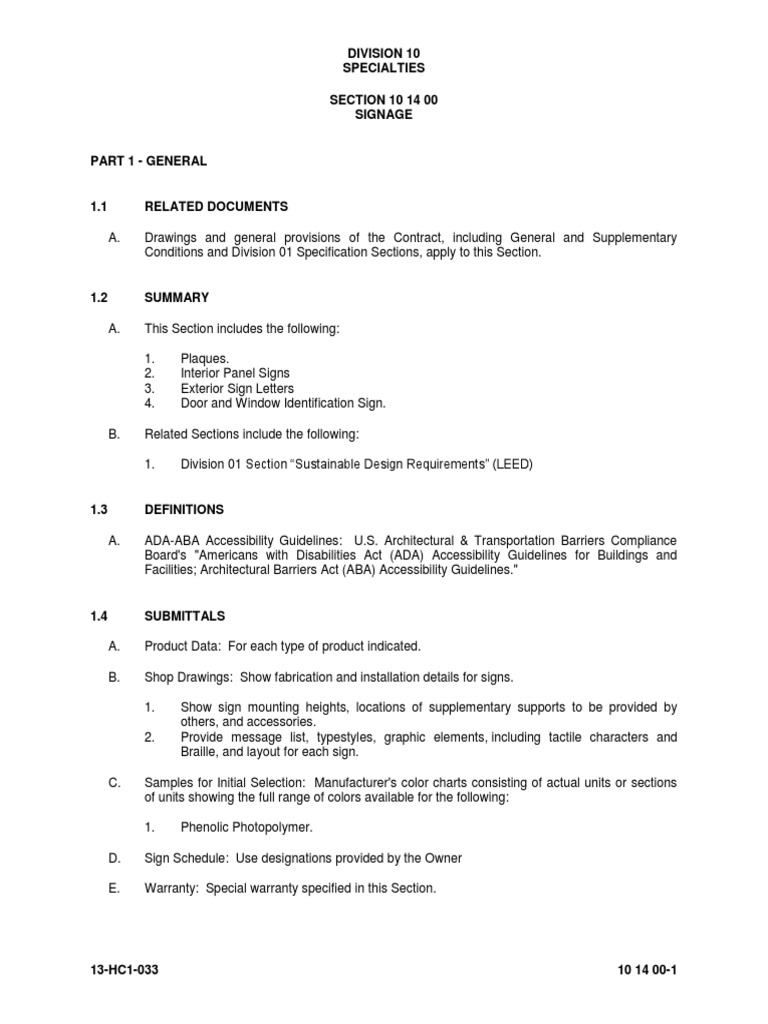 Signage Specifications Sample PDF Accessibility Building Engineering