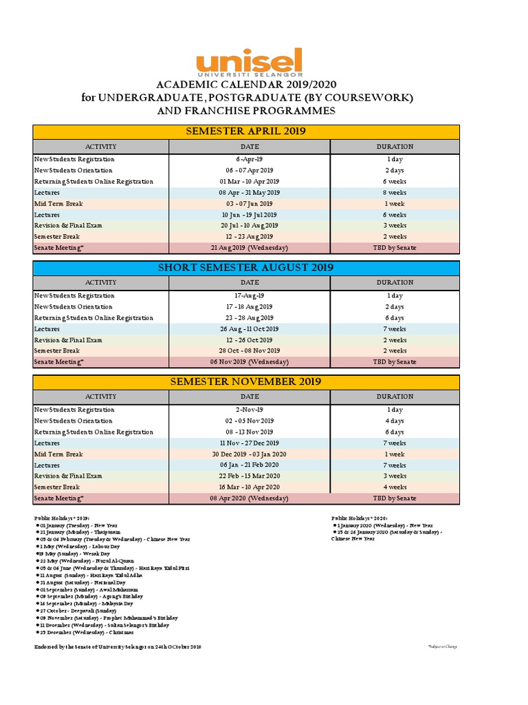 Kalendar Akademik Unisel 2020