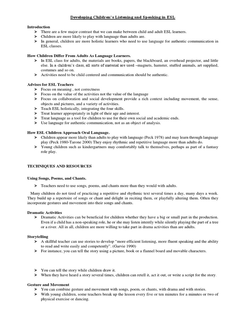 Enhancing ESL Listening and Speaking Skills | PDF | English As A Second ...