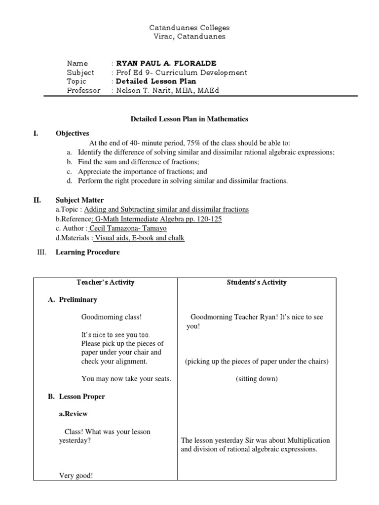 Detailed Lesson Plan: Fractions in Math | PDF | Fraction (Mathematics ...