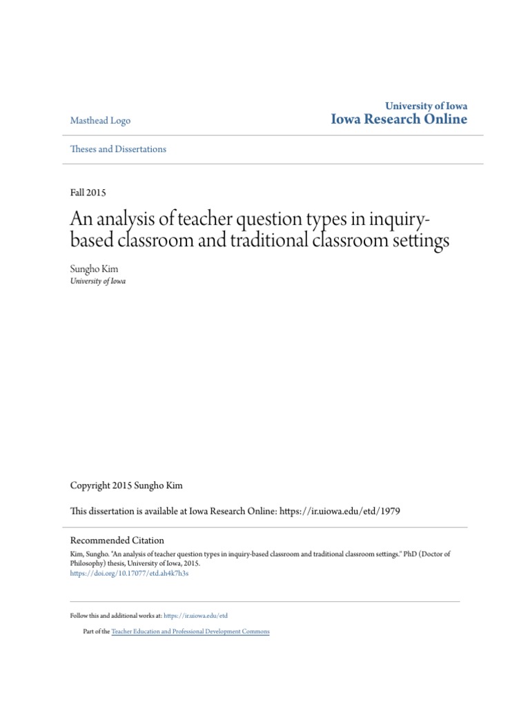 An Analysis of Teacher Question Types in Inquiry-Based Classroom PDF ...