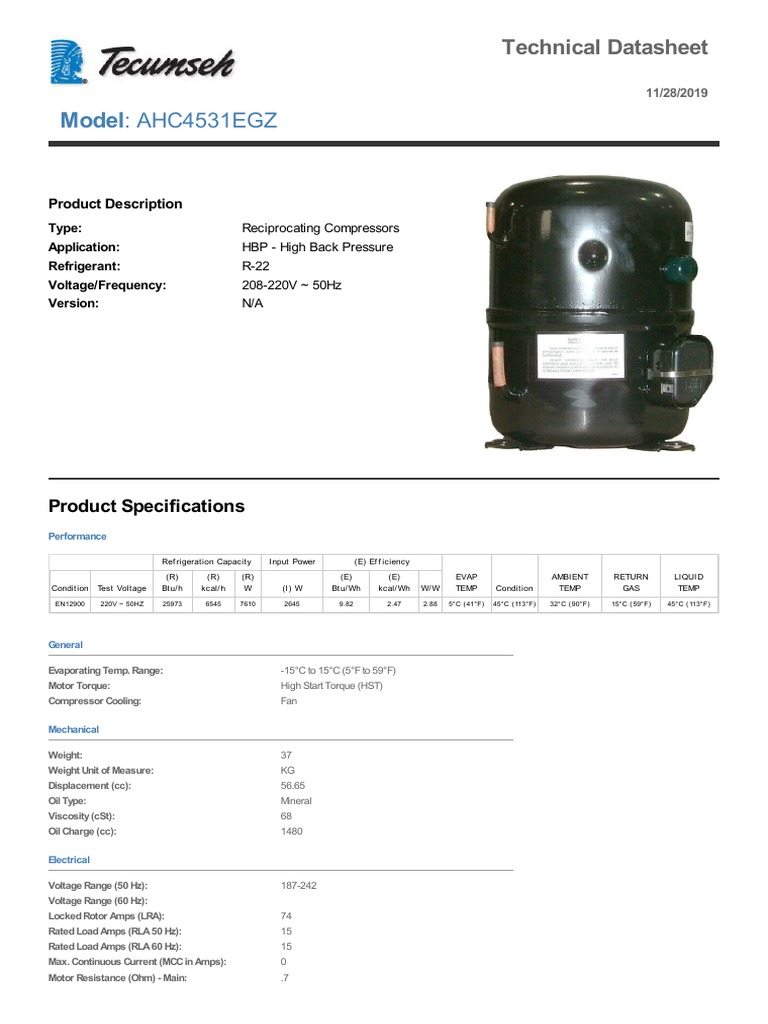 Technical Performance Datasheet for Reciprocating Compressor Model