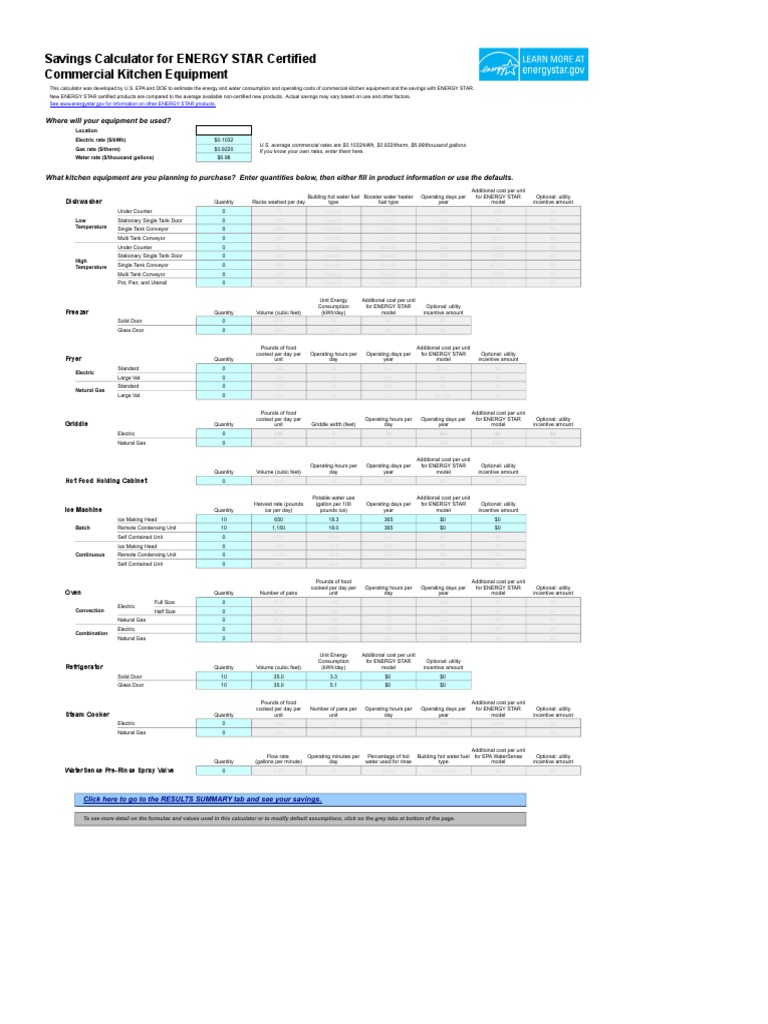 ENERGY STAR Kitchen Equipment Savings Calculator | PDF | Water Heating ...