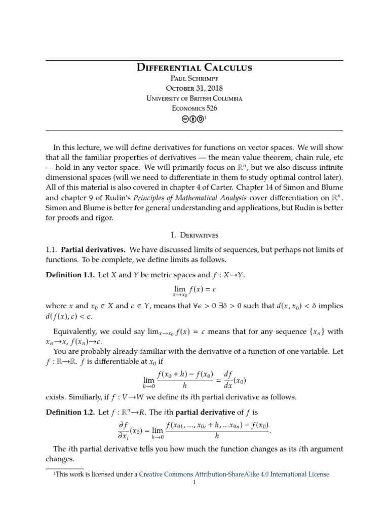 Paul Schrimpf Differential Calculus, Economics 526, University of