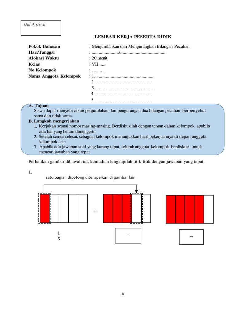 12 Lkpd Penjumlahan Dan Pengurangan Pecahan Lkpd Docx