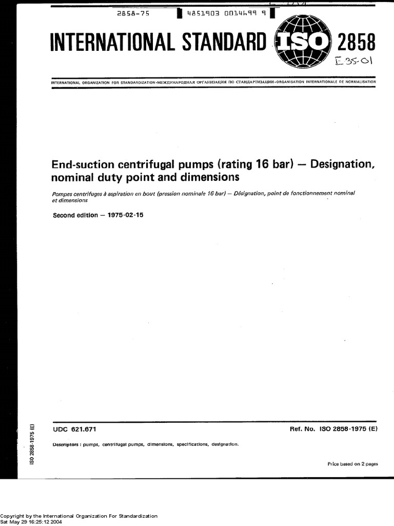 ISO 2858 1975, End Suction Centrifugal | PDF | Sports & Recreation