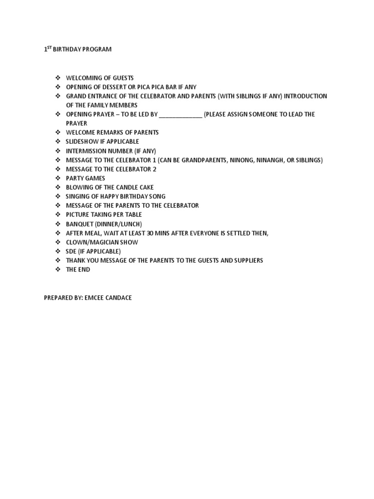1st Birthday Celebration Program Outline | PDF