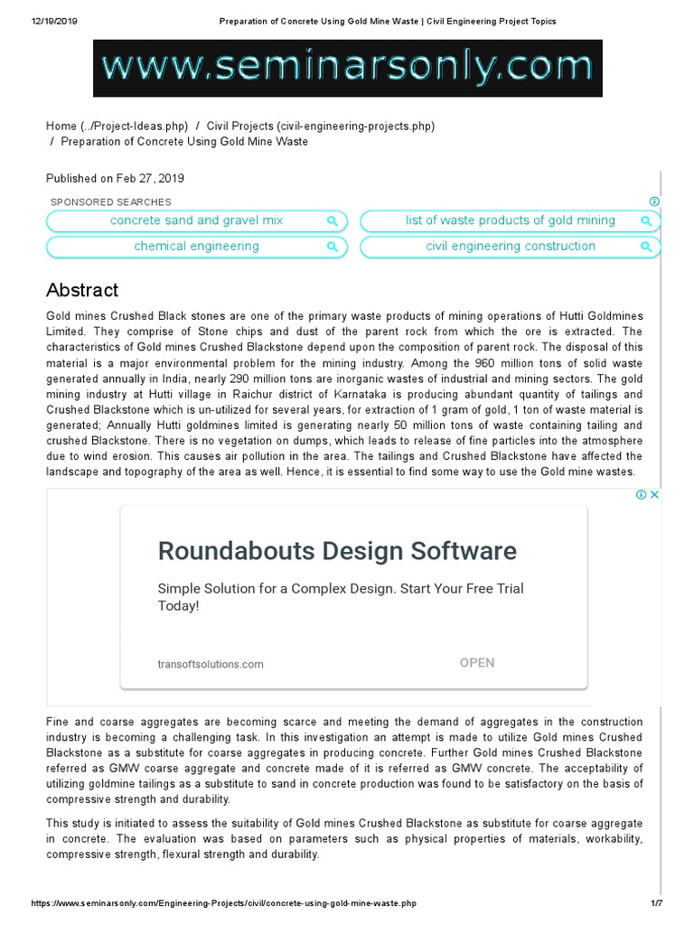 Preparation of Concrete Using Gold Mine Waste Civil Engineering
