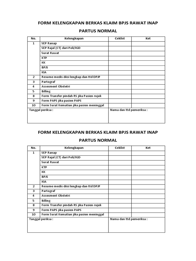 Form Kelengkapan Berkas Klaim Bpjs Rawat Inap Partus Normal | PDF