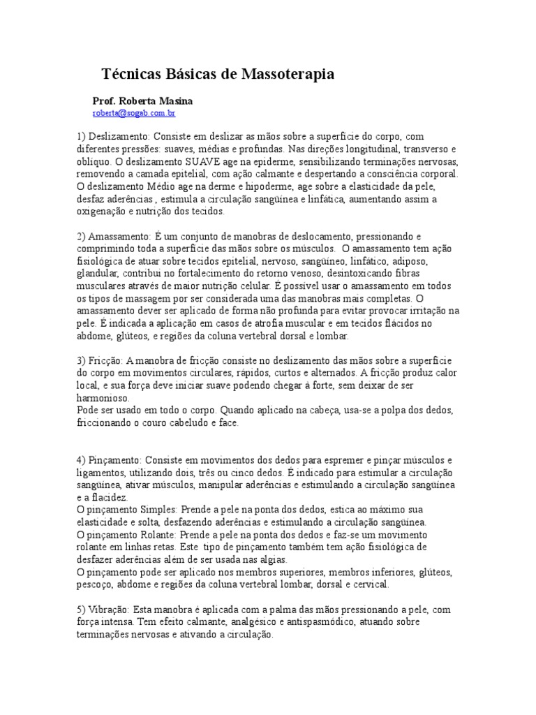 Técnicas Básicas de Massoterapia | PDF | Massagem | Pele