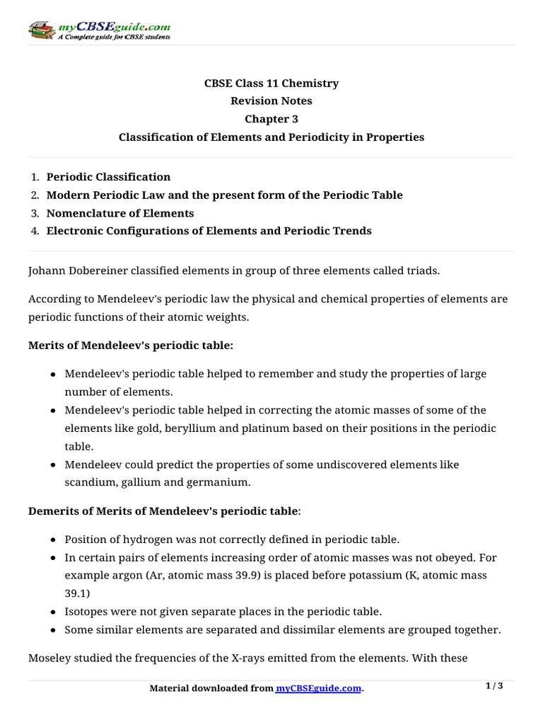 11 Chemistry Notes ch03 Classification of Elements PDF | PDF | Periodic ...