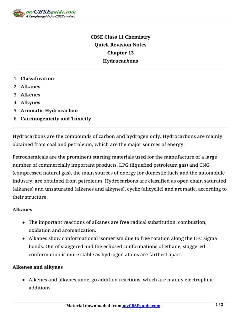Class 11 Hydrocarbons Quick Notes | PDF | Hydrocarbons | Aromaticity