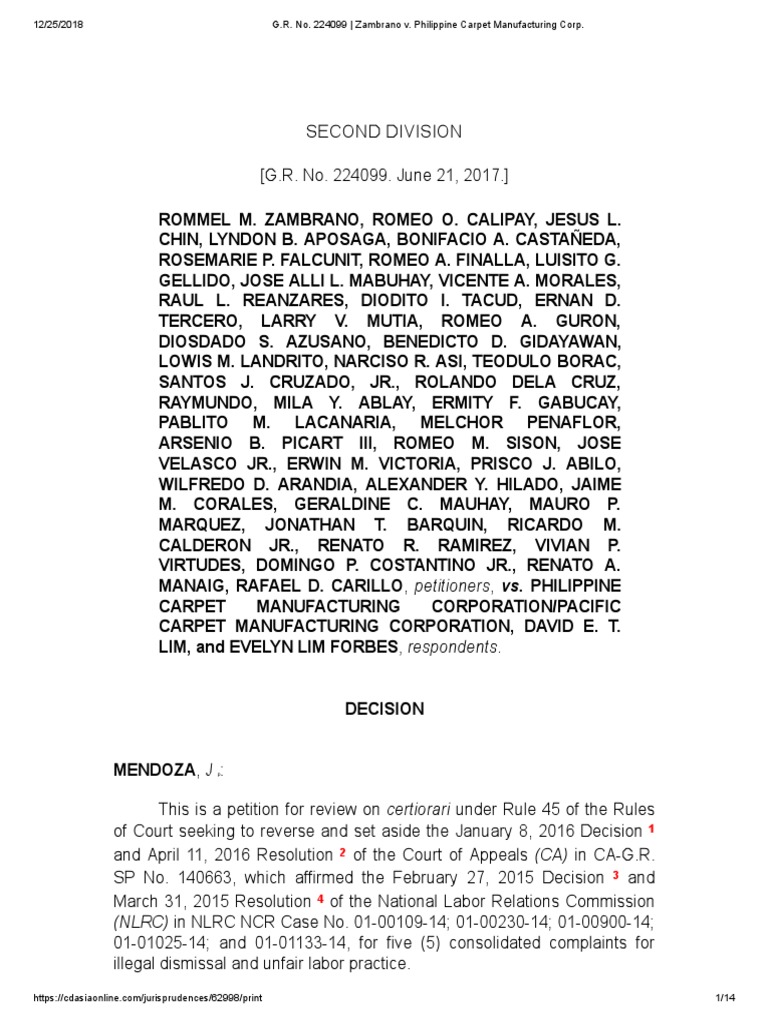 G.R. No. 224099 Zambrano v. Philippine Carpet Manufacturing Corp