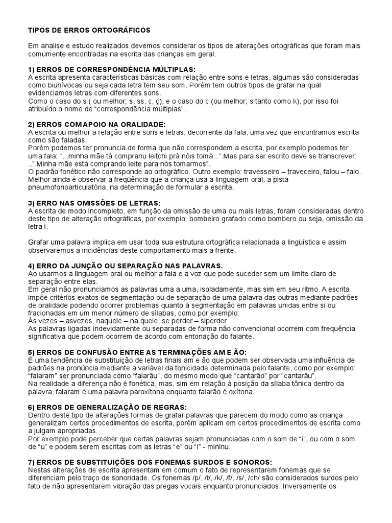 Tipos Comuns de Erros Ortográficos | PDF | Fonema | Escrita