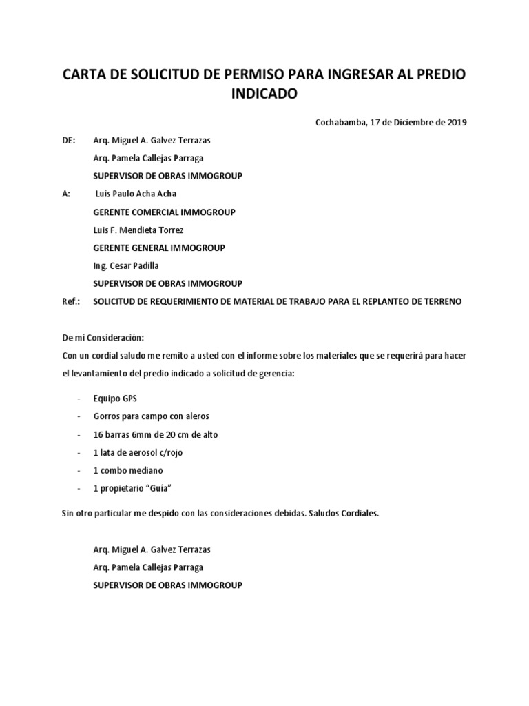 Carta De Solicitud De Permiso Para Ingresar Al Predio Indicado