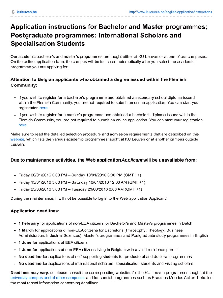 KU LEUVEN Application Instructions PDF Bachelor's Degree Master
