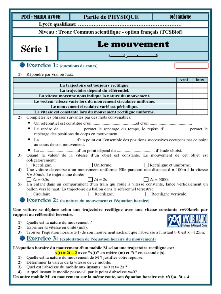 Exercice Relativité Du Mouvement Seconde Corrigé Pdf 3 EXERCICES Le Mouvement TCSbiof (WWW - Pc1.ma) PDF | PDF | Vitesse | Orbite