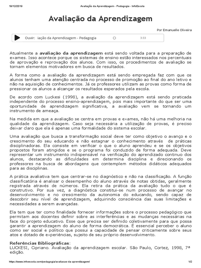 Avaliação da Aprendizagem na Pedagogia | PDF | Teste (avaliação ...