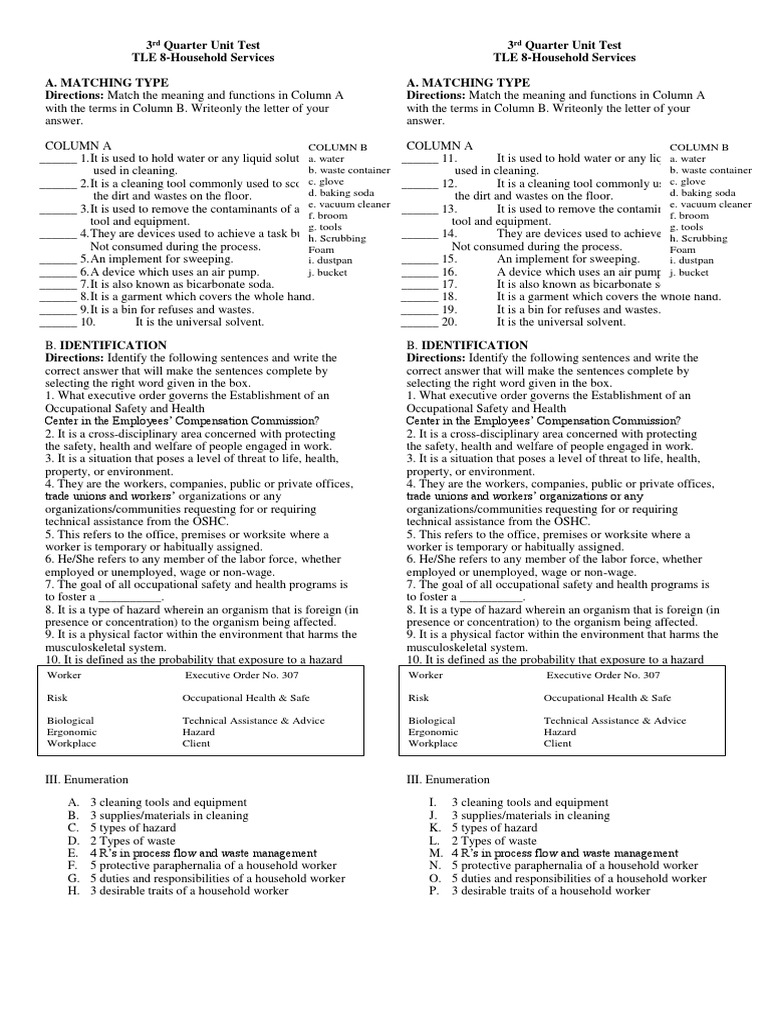 TLE 8 Household Services Unit Test | PDF | Hazards | Occupational ...