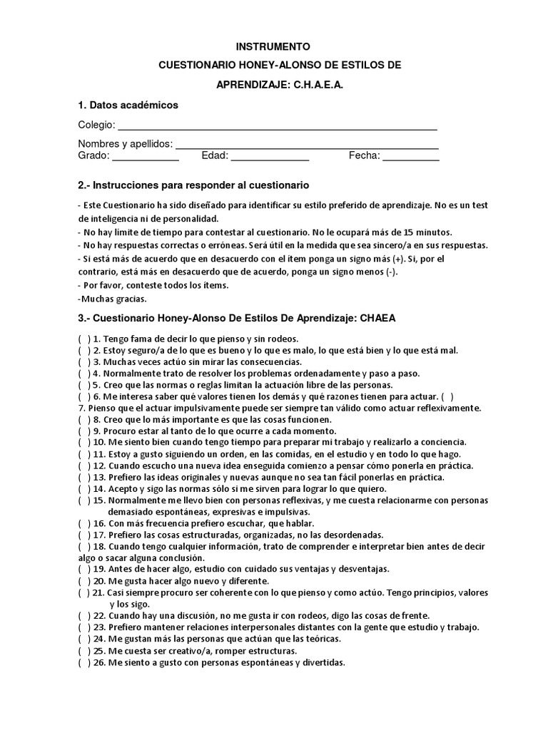 Chaea Estilos de Aprendizaje 80 Items | PDF | Cuestionario | Aprendizaje