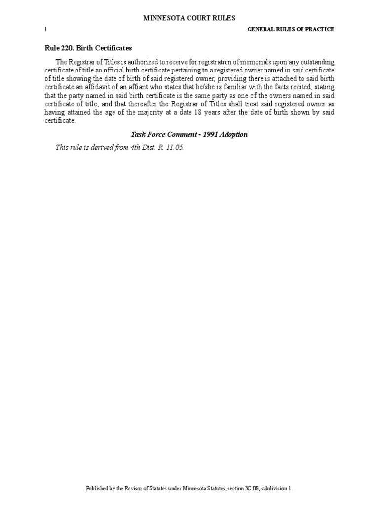Minnesota Rule 220: Birth Certificates | PDF