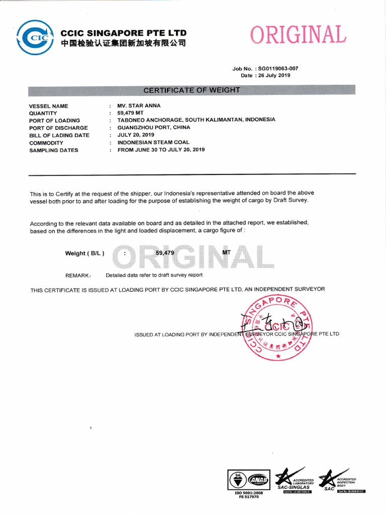 certificate of analysis mv Ton Fuel Oil