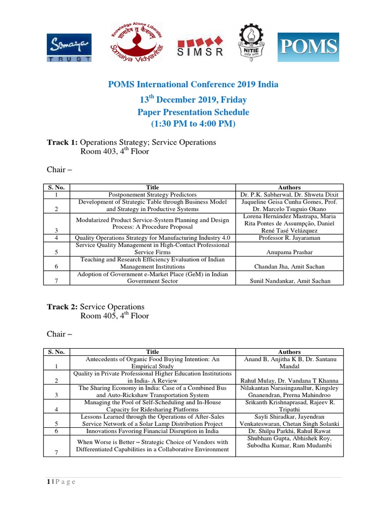POMS Int Conf 2019 Conference Paper Presentation Schedule PDF PDF