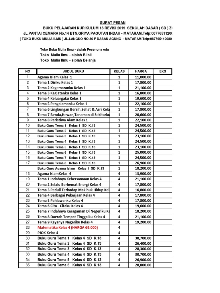 Daftar Harga Buku Kur 13 Het Revisi 2019