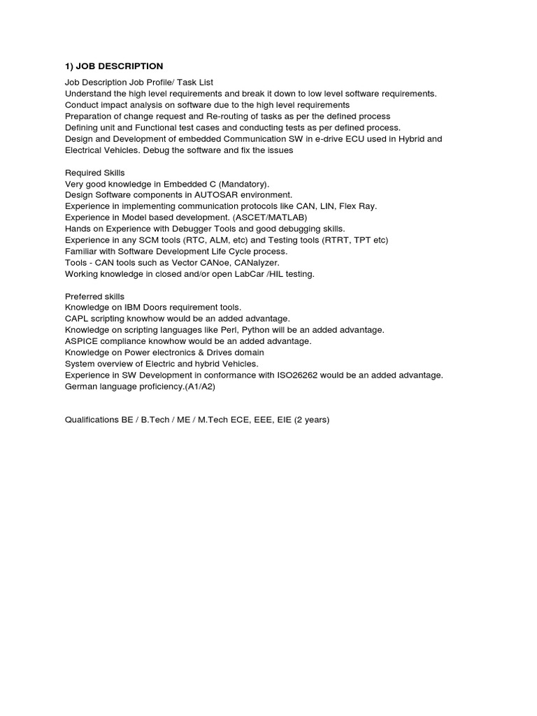 RBEI Job Descriptions PDF Embedded System Software Development