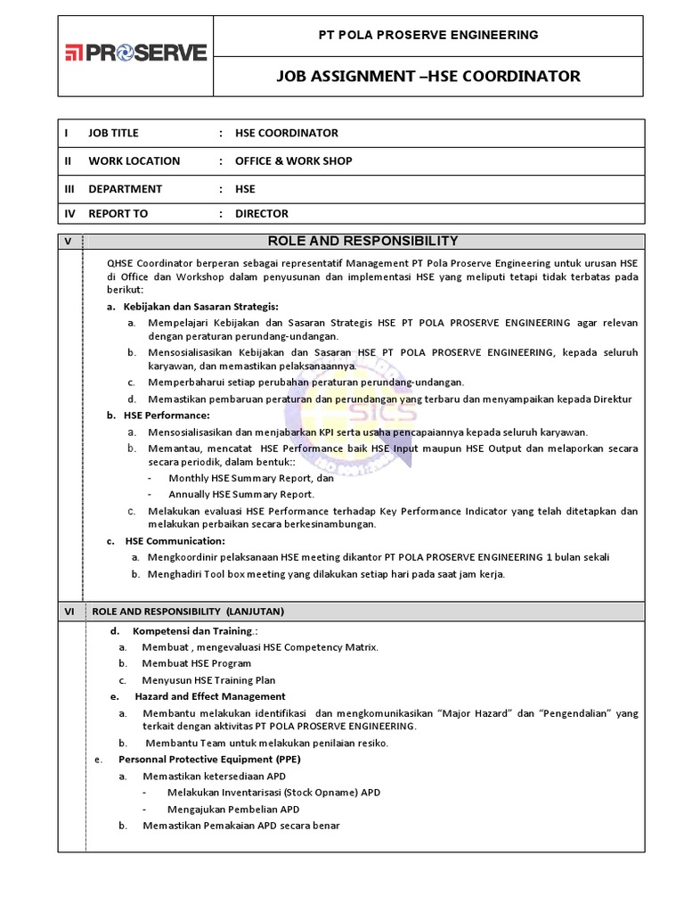 Job Assignment HSE Coord PDF | PDF